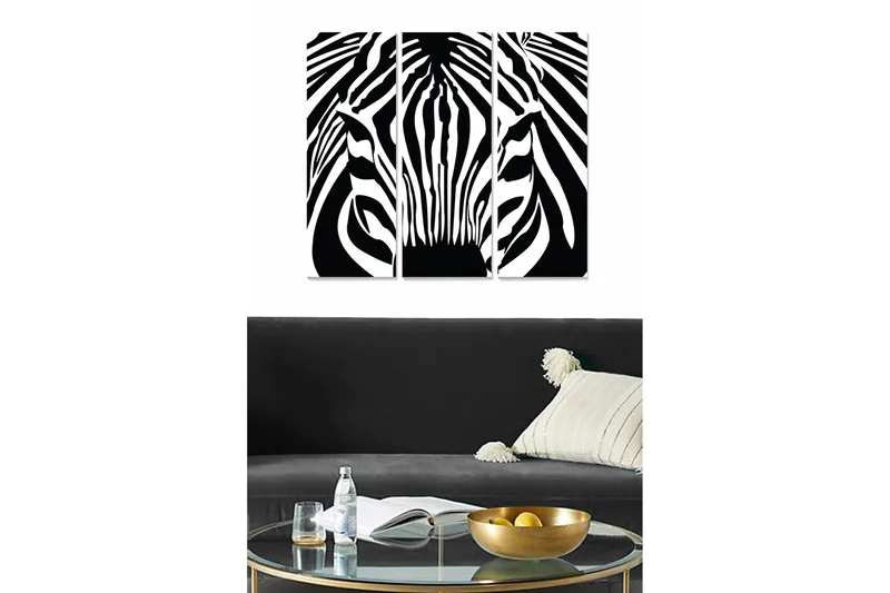 Trælærredstryk 3-delt 50x70 cm - Zebra med kontrasterende sorte og hvide striber, Sort / Hvid