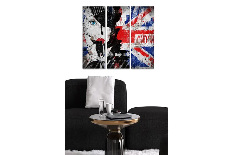 Trælærredstryk 3-delt 50x70 cm - Portræt af en kvinde med blå øjne og en grafisk baggrund inspireret af det britiske flag, Rød / Blå / Sort