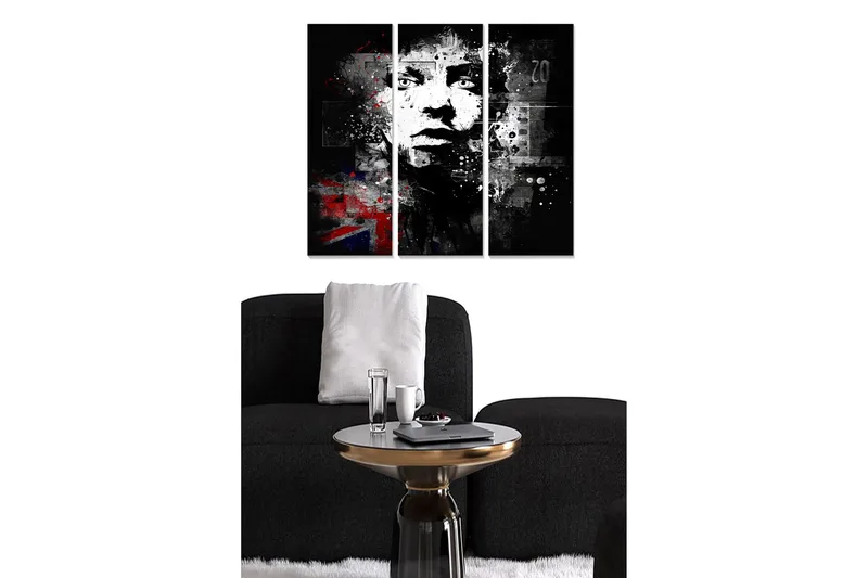 Trælærredstryk 3-delt 50x70 cm - Portræt af en ansigtsprofil med grafiske elementer og et urbant præg, Sort / Hvid / Rød