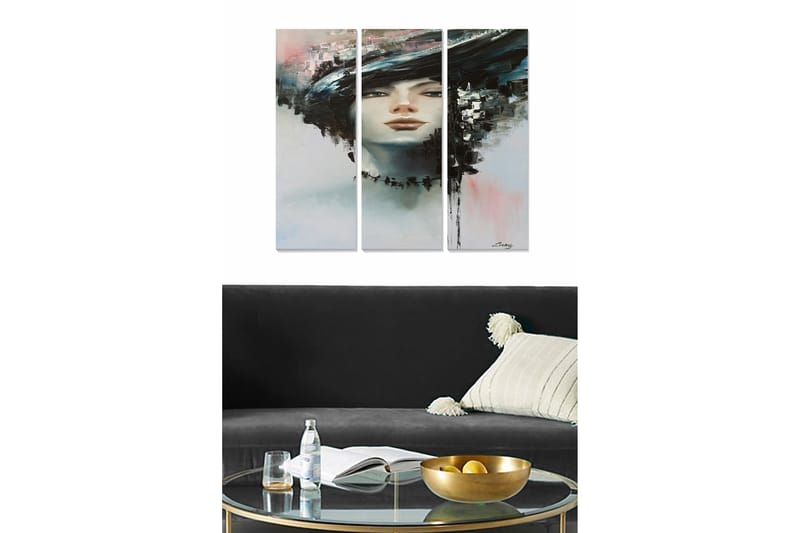 Trælærredstryk 3-delt 50x70 cm - Portræt af en kvinde med dramatisk frisure og abstrakt baggrund, Sort / Hvid / Lyseblå