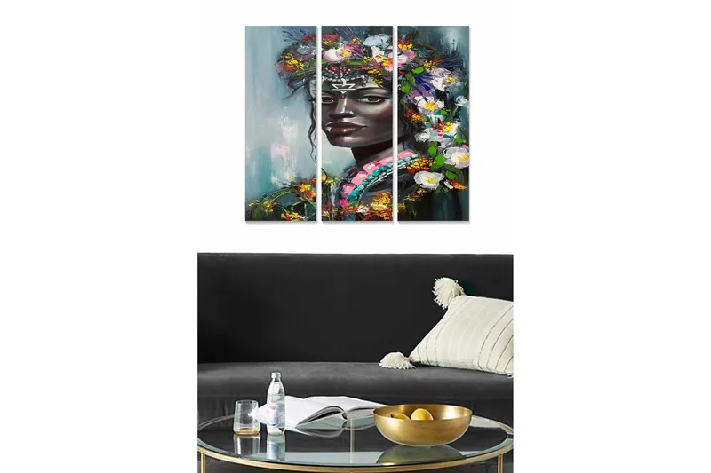Trælærredstryk 3-delt 50x70 cm - Portræt af en kvinde med blomster i håret, Mørkegrøn / Hvid / Lyserød