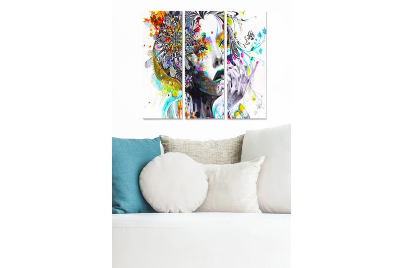 Trælærredstryk 3-delt 50x70 cm - Portræt af en kvinde med farverige mønstre og blomster i håret, Grå / Gul / Rød