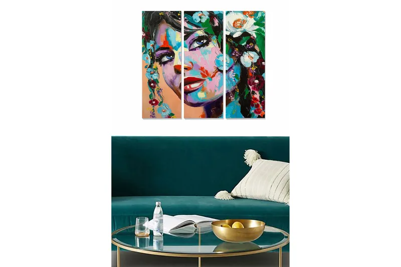 Trælærredstryk 3-delt 50x70 cm - Portræt af en kvinde med blomster i håret, Grøn / Rød / Blå