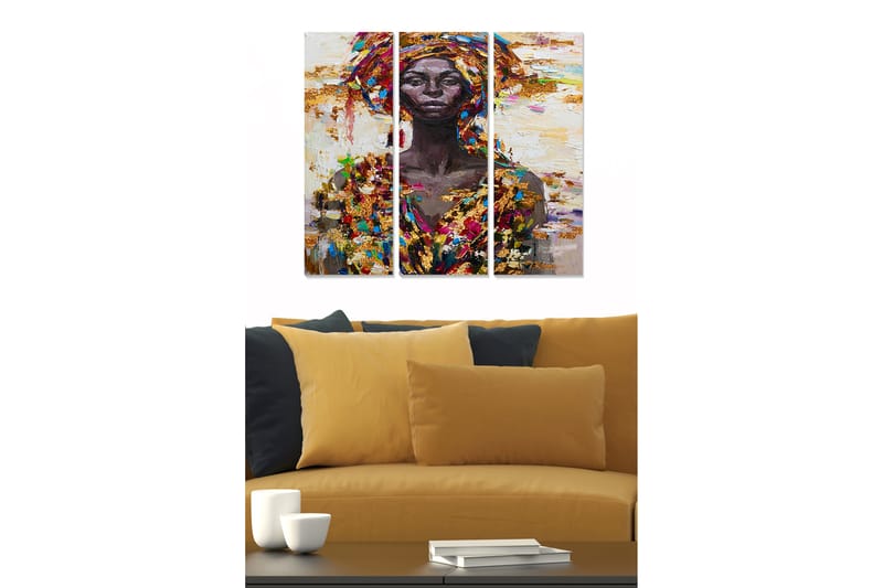Trælærredstryk 3-delt 50x70 cm - Portræt af en kvinde med farverig hovedbeklædning og tøj, Mørkebrun / Guld / Rød