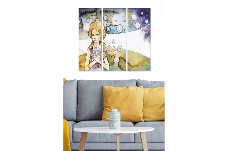 Trælærredstryk 3-delt 50x70 cm - Portræt af en kvinde med blomster i hænderne og svævende cirkler omkring hende - Lyseblå / Beige / Lilla - Boligtilbehør - Billeder & kunst - Billeder på lærred