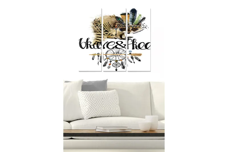 Trælærredstryk 3-delt 50x70 cm - Pindsvin med fjer og drømmefanger, Sort / Brun / Grøn