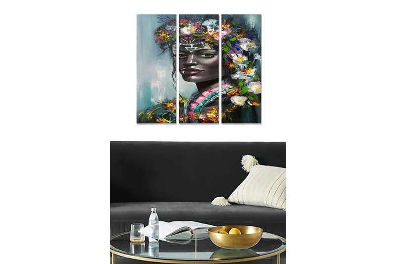 Trælærredstryk 3-delt 50x70 cm - Portræt af en kvinde med blomster i håret, Mørkegrøn / Hvid / Lyserød