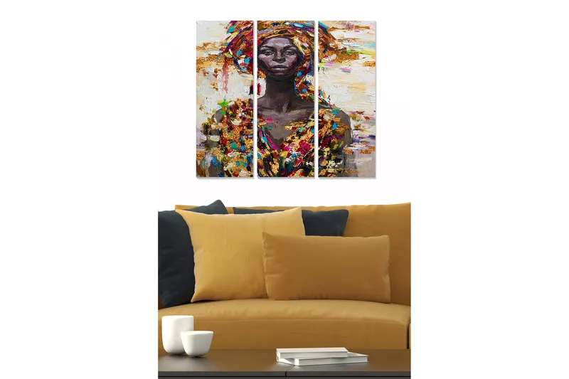 Trælærredstryk 3-delt 50x70 cm - Portræt af en kvinde med farverig hovedbeklædning og tøj, Mørkebrun / Guld / Rød
