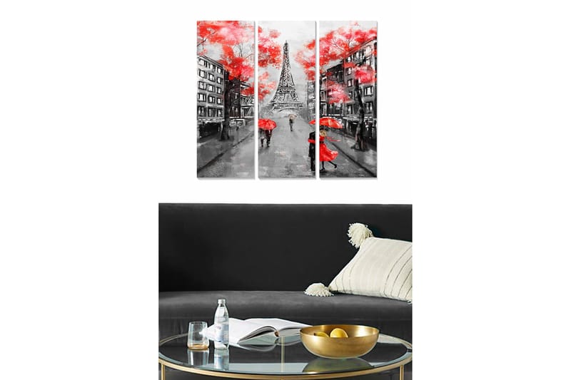Trælærredstryk 3-delt 50x70 cm - Parisisk gadescene med Eiffeltårnet og paraplyer i regnvejr, Rød / Sort / Grå