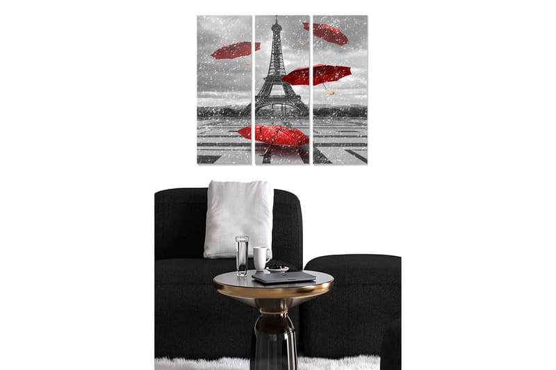 Trælærredstryk i 3 dele 50x70 cm - Eiffeltårnet omgivet af røde paraplyer i et gråtonet miljø, Rød / Grå