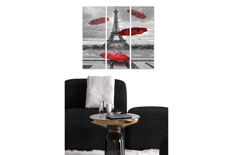 Trælærredstryk i 3 dele 50x70 cm - Eiffeltårnet omgivet af røde paraplyer i et gråtonet miljø, Rød / Grå