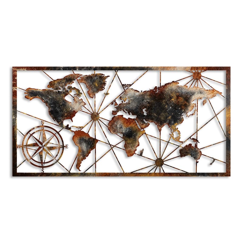 Dekorativ metal-vægdekoration Wallxpert World Map Frame (120 x 60 cm) Brun, undefined