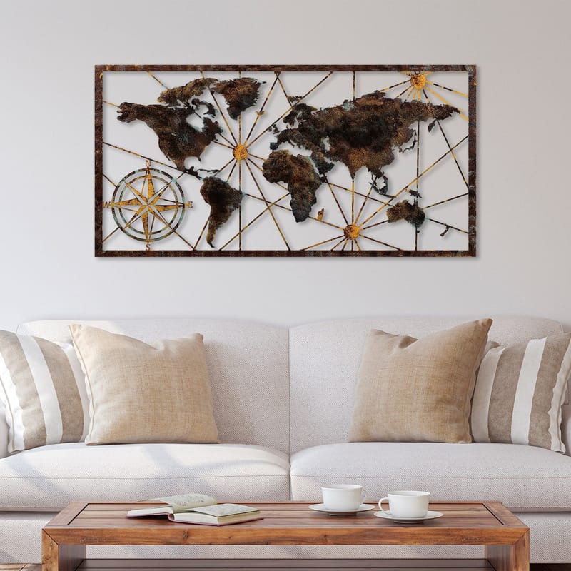 Dekorativ metal-vægdekoration Wallxpert World Map Frame (120 x 60 cm) Sort - Boligtilbehør - Billeder & kunst - Posters & plakater