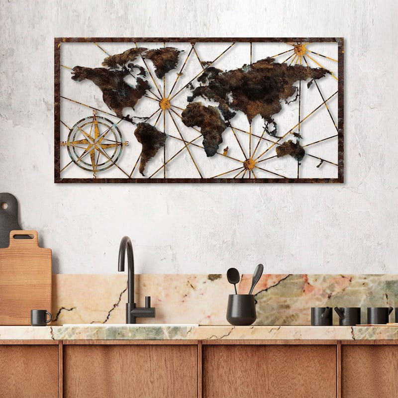 Dekorativ metal-vægdekoration Wallxpert World Map Frame (120 x 60 cm) Sort - Boligtilbehør - Billeder & kunst - Posters & plakater