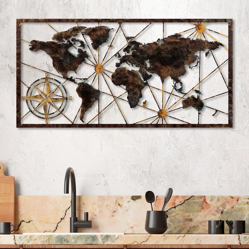 Dekorativ metal-vægdekoration Wallxpert World Map Frame (120 x 60 cm) Sort - Boligtilbehør - Billeder & kunst - Posters & plakater