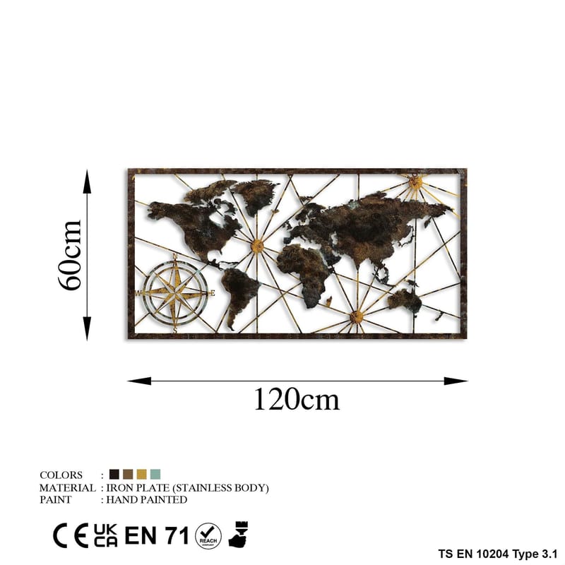 Dekorativ metal-vægdekoration Wallxpert World Map Frame (120 x 60 cm) Sort - Boligtilbehør - Billeder & kunst - Posters & plakater