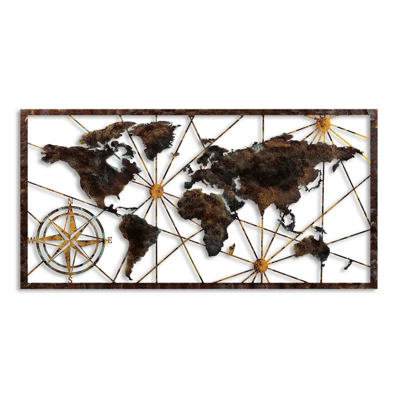 Dekorativ metal-vægdekoration Wallxpert World Map Frame (120 x 60 cm) Sort, undefined