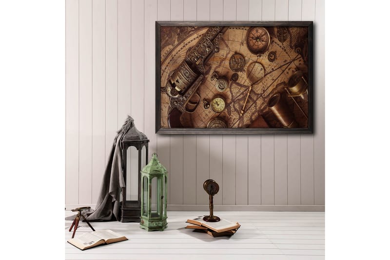 Historical Map, Compass & Watch Foto Beige/Brun - 70x50 cm - Vintage & retro plakater - Posters & plakater