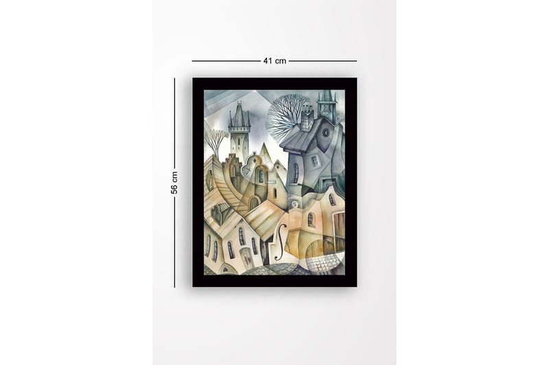 Indrammet lærred i træ - 41x56 cm - Abstrakt bybillede med bølgende huse og tårne - Grå / Beige / Lyseblå - Boligtilbehør - Billeder & kunst