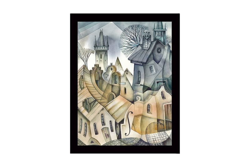 Indrammet lærred i træ - 41x56 cm - Abstrakt bybillede med bølgende huse og tårne, Grå / Beige / Lyseblå