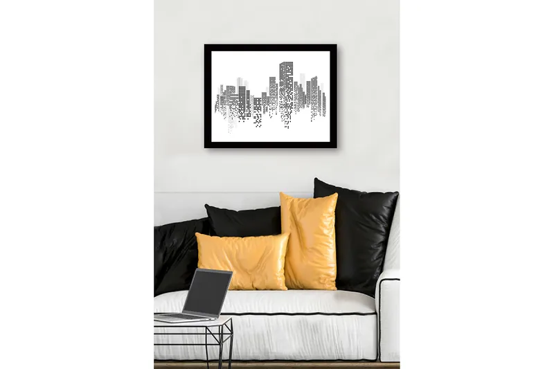 Indrammet lærred i træ - 41x56 cm - Abstrakt bybillede med pixelerede bygninger - Sort / Hvid / Grå - Boligtilbehør - Billeder & kunst