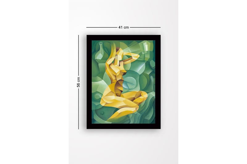 Indrammet lærred i træ - 41x56 cm - Abstrakt figur af en kvinde i en kurvet komposition - Grøn / Gul / Lysegrøn - Boligtilbehør - Billeder & kunst