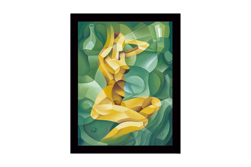 Indrammet lærred i træ - 41x56 cm - Abstrakt figur af en kvinde i en kurvet komposition, Grøn / Gul / Lysegrøn