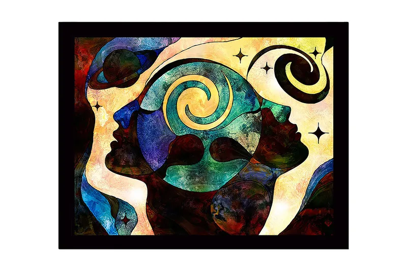 Indrammet lærred i træ - 41x56 cm - Abstrakt komposition af ansigter med spiraler og stjerner, Mørkeblå / Turkis / Rød