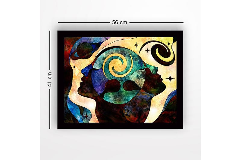 Indrammet lærred i træ - 41x56 cm - Abstrakt komposition af ansigter med spiraler og stjerner - Mørkeblå / Turkis / Rød - Boligtilbehør - Billeder & kunst