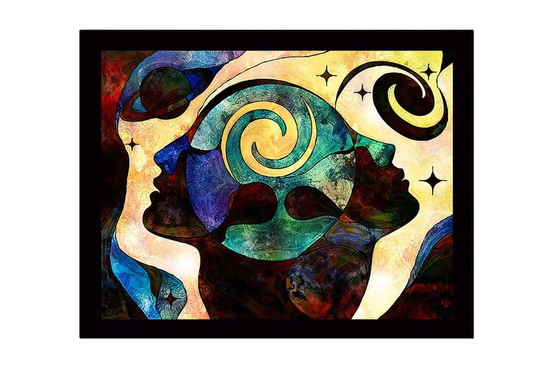 Indrammet lærred i træ - 41x56 cm - Abstrakt komposition af ansigter med spiraler og stjerner, Mørkeblå / Turkis / Rød