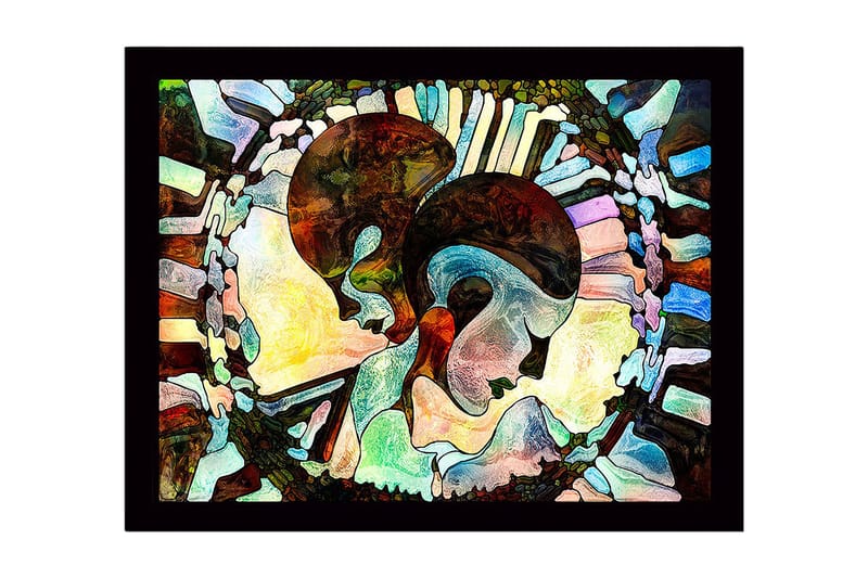 Indrammet lærred i træ - 41x56 cm - Abstrakt komposition af to ansigter, der mødes, Mørkebrun / Lyseblå / Beige