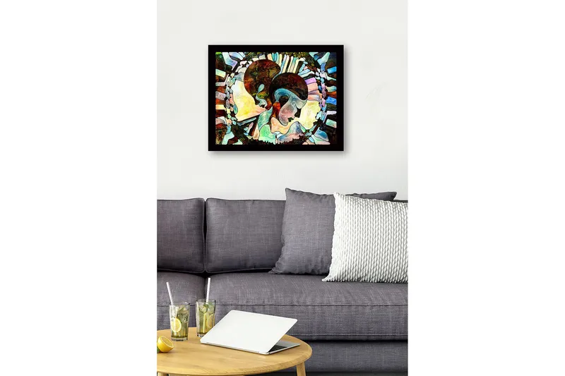 Indrammet lærred i træ - 41x56 cm - Abstrakt komposition af to ansigter, der mødes - Mørkebrun / Lyseblå / Beige - Boligtilbehør - Billeder & kunst