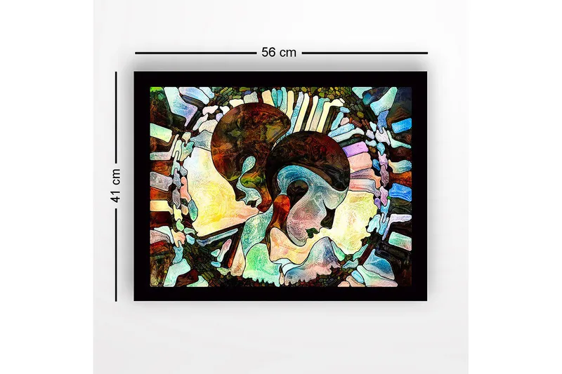 Indrammet lærred i træ - 41x56 cm - Abstrakt komposition af to ansigter, der mødes - Mørkebrun / Lyseblå / Beige - Boligtilbehør - Billeder & kunst