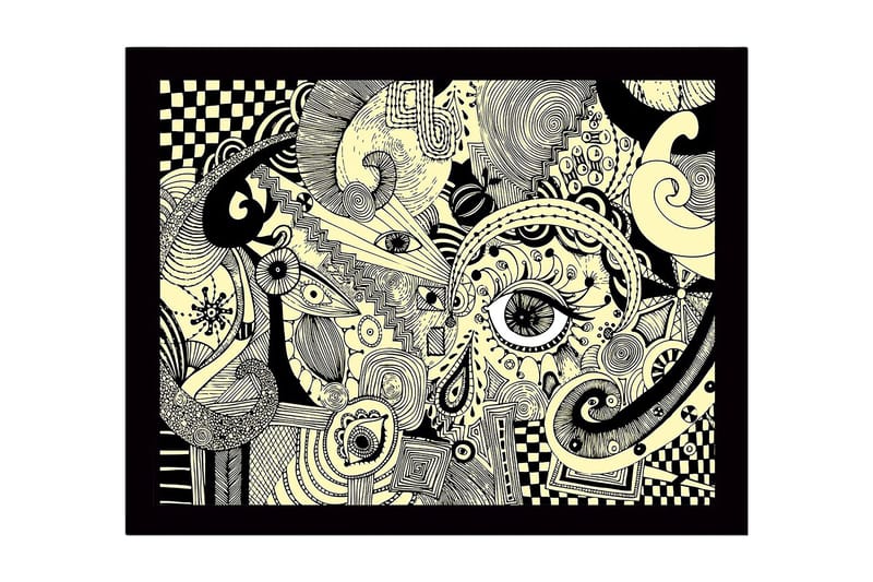 Indrammet lærred i træ - 41x56 cm - Abstrakt komposition med øjne og buede former, Sort / Beige