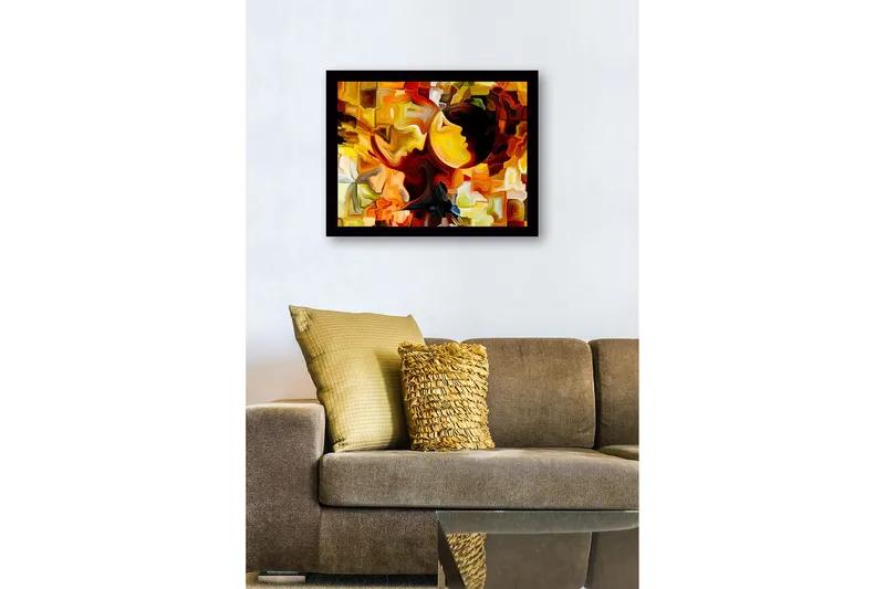 Indrammet lærred i træ - 41x56 cm - Abstrakt komposition med ansigter i kontrastfarver - Guld / Orange / Mørkebrun - Boligtilbehør - Billeder & kunst