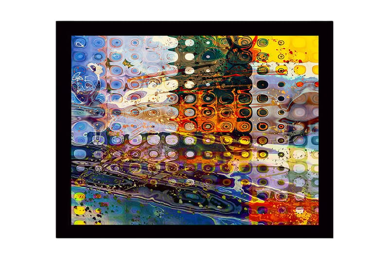 Indrammet lærred i træ - 41x56 cm - Abstrakt komposition med cirkulære former og farverige mønstre - Blå / Orange / Gul - Boligtilbehør - Billeder & kunst