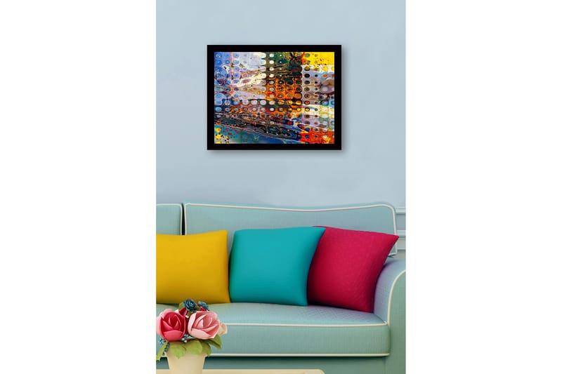 Indrammet lærred i træ - 41x56 cm - Abstrakt komposition med cirkulære former og farverige mønstre - Blå / Orange / Gul - Boligtilbehør - Billeder & kunst
