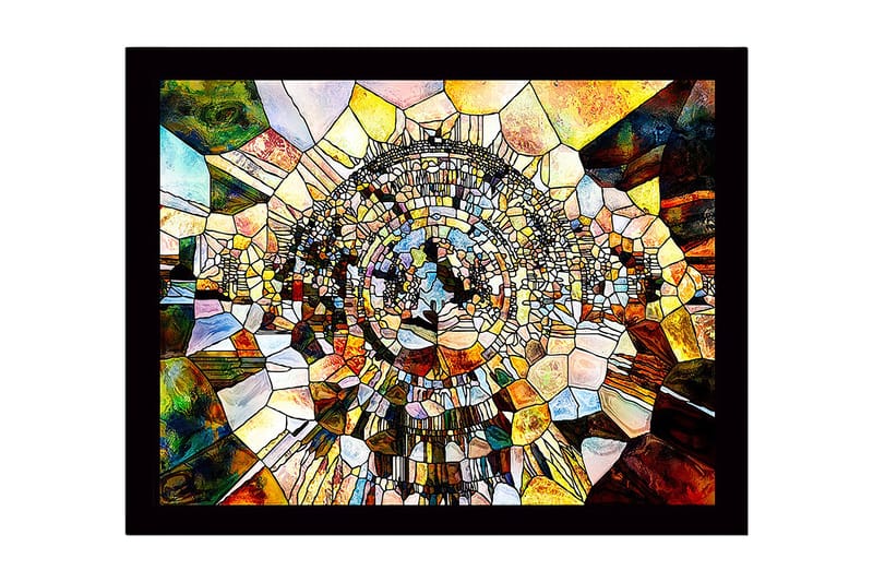 Indrammet lærred i træ - 41x56 cm - Abstrakt komposition med cirkulære former og mosaiklignende struktur, Guld / Brun / Blå