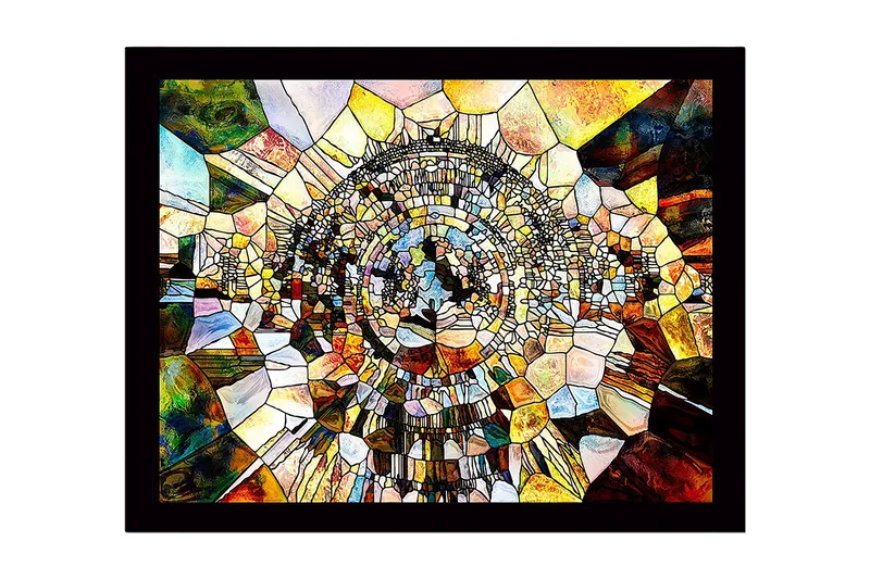 Indrammet lærred i træ - 41x56 cm - Abstrakt komposition med cirkulære former og mosaiklignende struktur, Guld / Brun / Blå