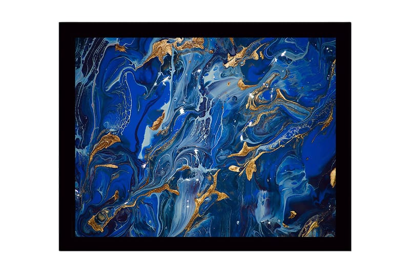 Indrammet lærred i træ - 41x56 cm - Abstrakt komposition med dybe blå nuancer og guld accenter, Mørkeblå / Lyseblå / Guld