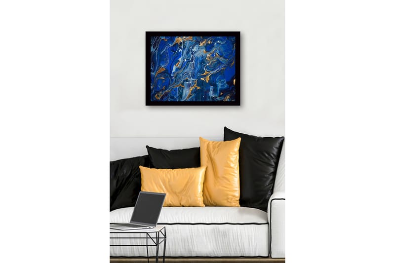 Indrammet lærred i træ - 41x56 cm - Abstrakt komposition med dybe blå nuancer og guld accenter - Mørkeblå / Lyseblå / Guld - Boligtilbehør - Billeder & kunst