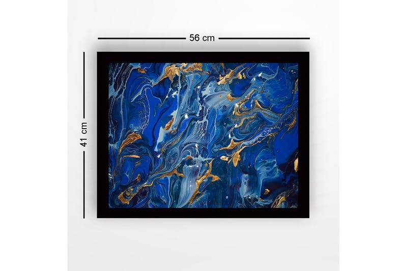 Indrammet lærred i træ - 41x56 cm - Abstrakt komposition med dybe blå nuancer og guld accenter - Mørkeblå / Lyseblå / Guld - Boligtilbehør - Billeder & kunst