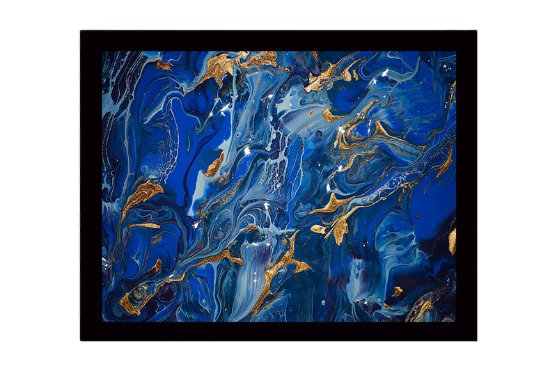 Indrammet lærred i træ - 41x56 cm - Abstrakt komposition med dybe blå nuancer og guld accenter, Mørkeblå / Lyseblå / Guld
