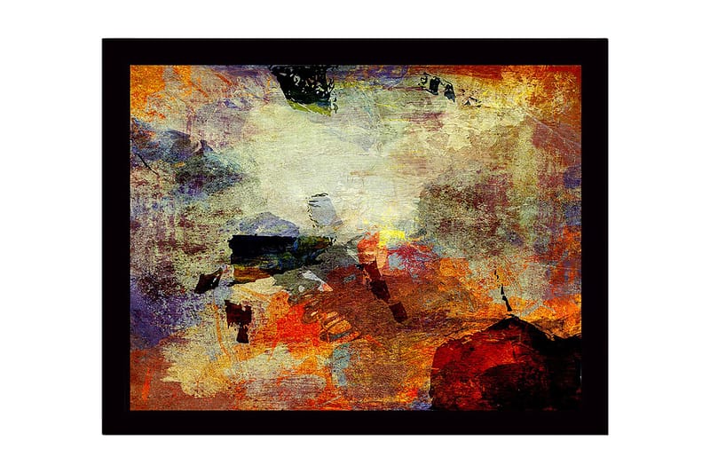 Indrammet lærred i træ - 41x56 cm - Abstrakt komposition med farvede former og teksturer, Rød / Orange / Blå