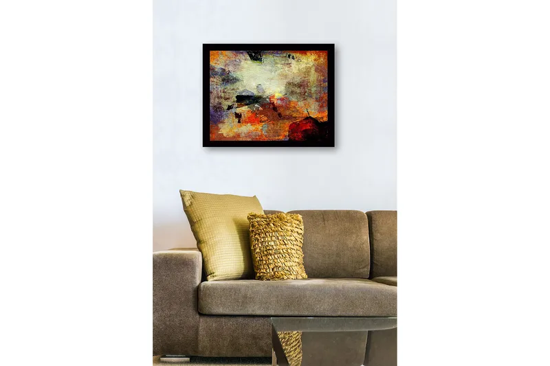 Indrammet lærred i træ - 41x56 cm - Abstrakt komposition med farvede former og teksturer - Rød / Orange / Blå - Boligtilbehør - Billeder & kunst