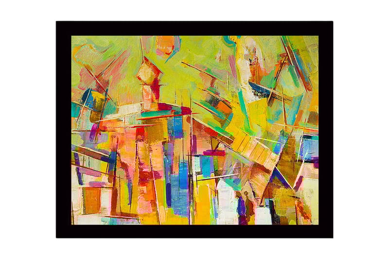 Indrammet lærred i træ - 41x56 cm - Abstrakt komposition med farverige geometriske former, Gul / Orange / Blå