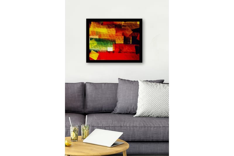 Indrammet lærred i træ - 41x56 cm - Abstrakt komposition med farverige geometriske former - Rød / Gul / Grøn - Boligtilbehør - Billeder & kunst