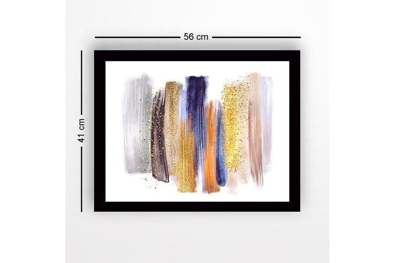 Indrammet lærred i træ - 41x56 cm - Abstrakt komposition med farverige penselstrøg - Guld / Blå / Grå - Boligtilbehør - Billeder & kunst