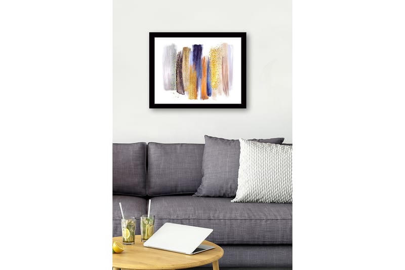 Indrammet lærred i træ - 41x56 cm - Abstrakt komposition med farverige penselstrøg - Guld / Blå / Grå - Boligtilbehør - Billeder & kunst