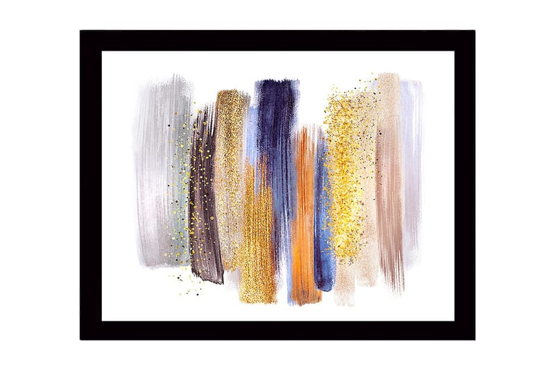 Indrammet lærred i træ - 41x56 cm - Abstrakt komposition med farverige penselstrøg, Guld / Blå / Grå